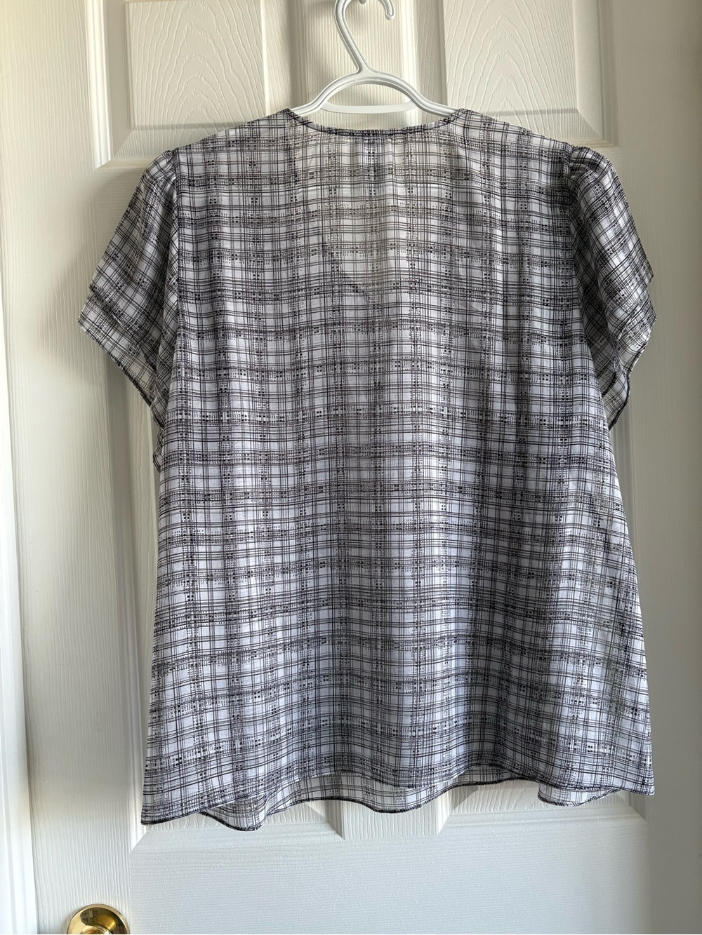CAbi Black and White Plaid V-Neck Short Sleeve Top - Picture 2 of 3